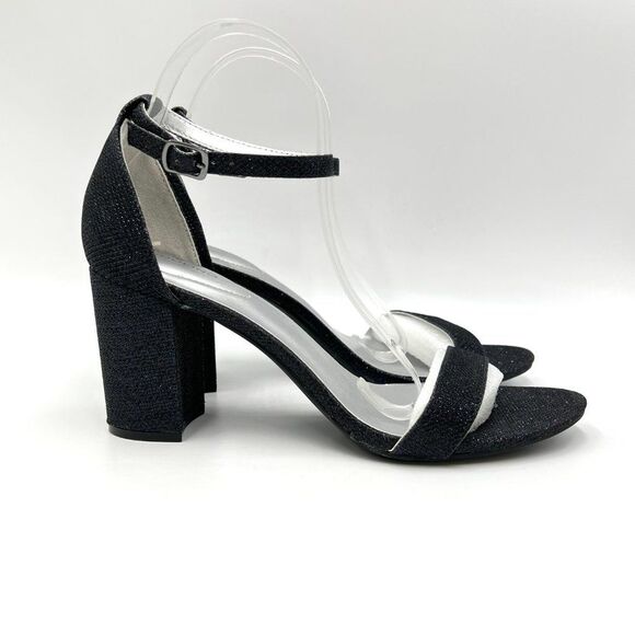 Bandolino Size 10 Blue Black Sparkle Fabric Block Heel Dress Sandals Shoes - Picture 1 of 13